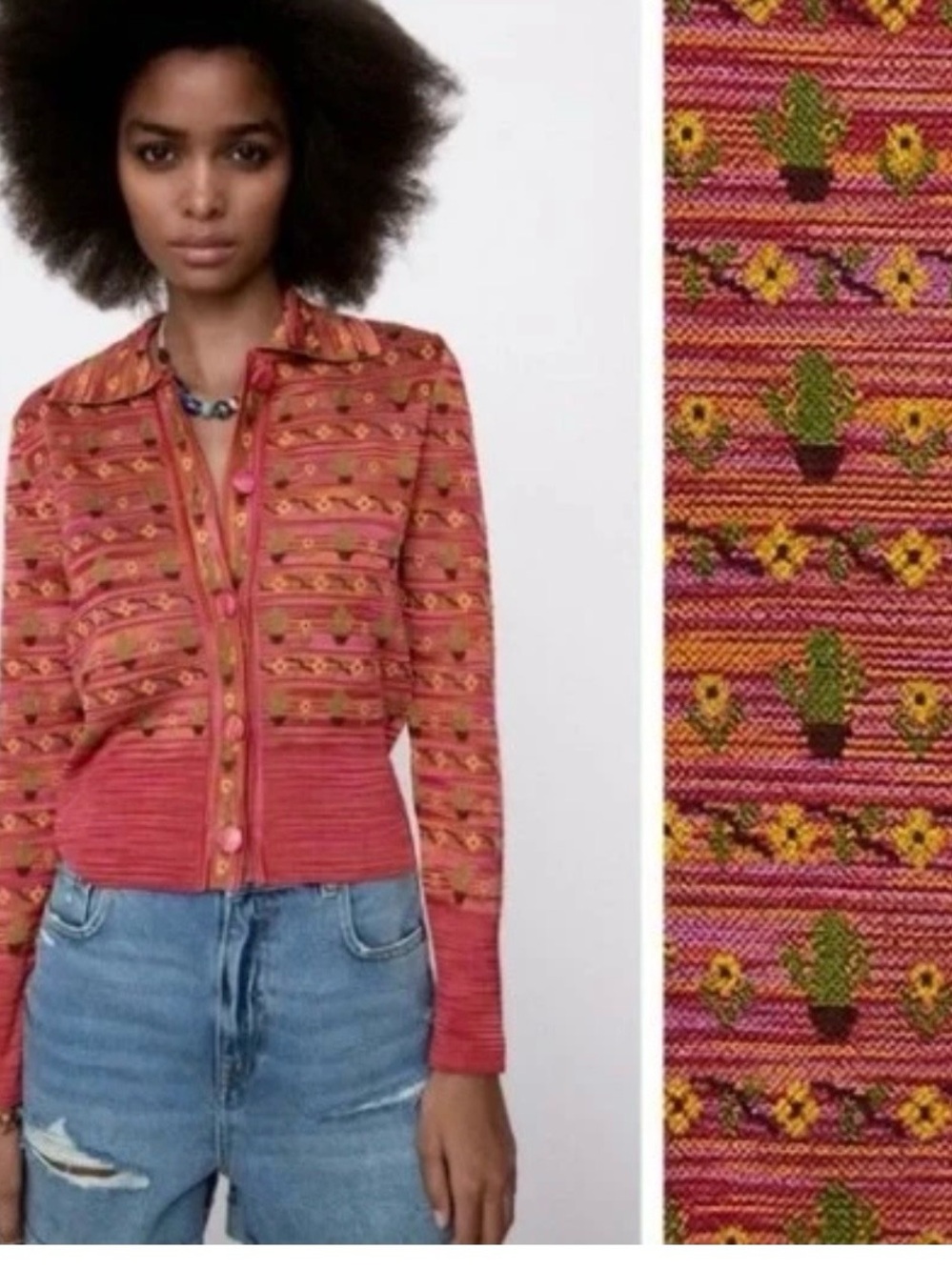 Zara Cactus Flower Polo Cardigan Sweater Pink Yellow Green Button Front S Desert